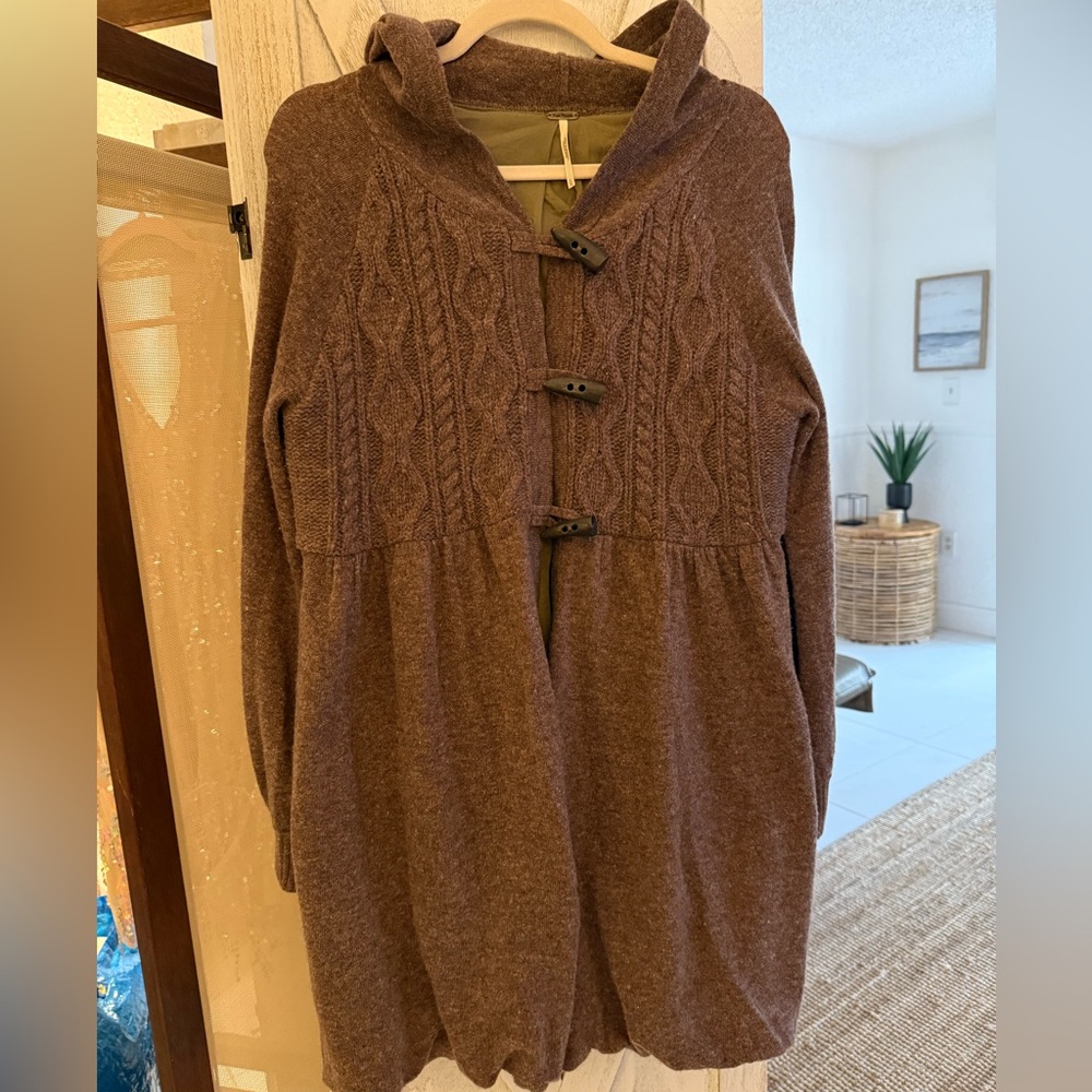 Free People Brown Hooded Cable Knit Cardigan